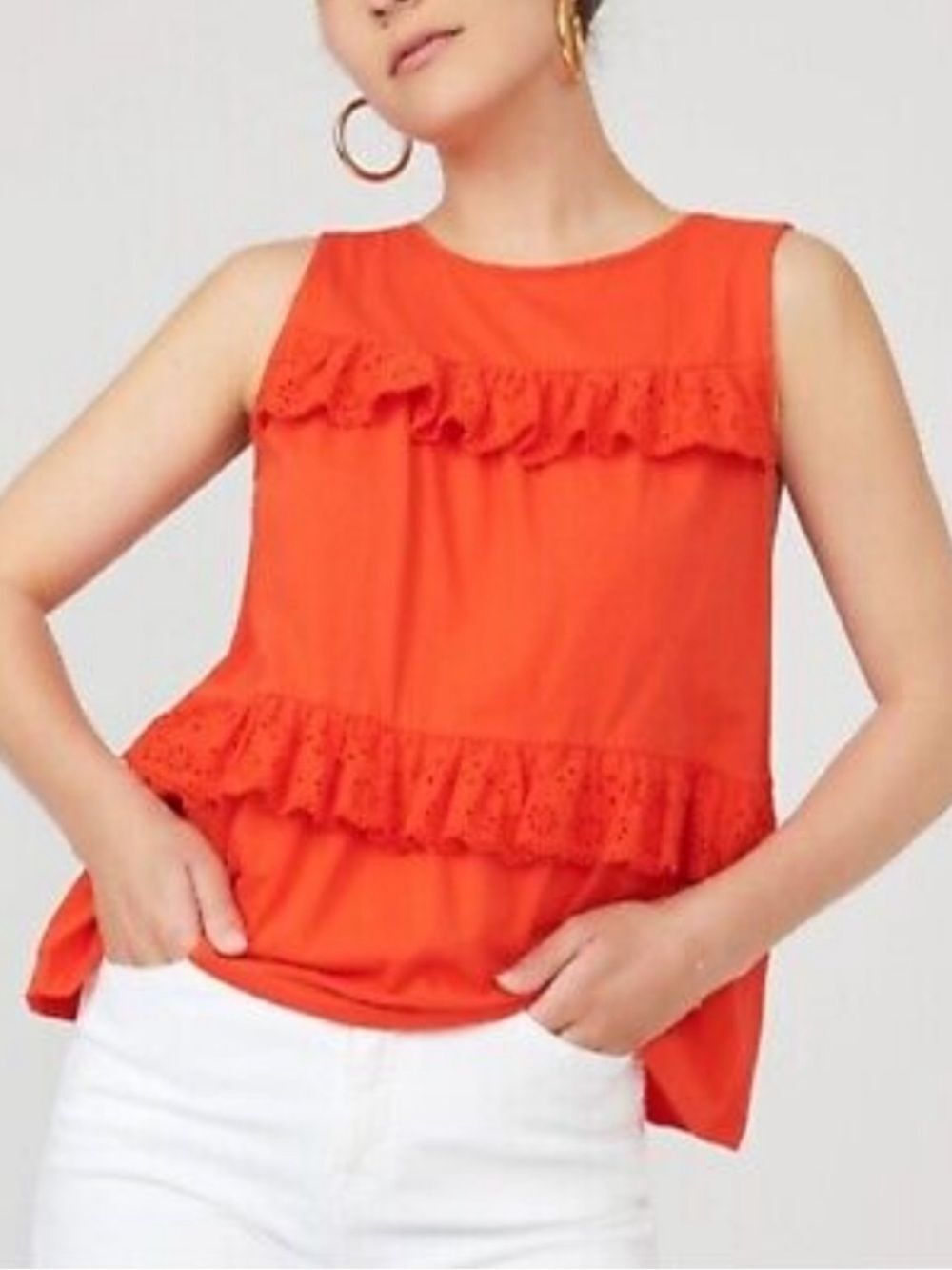 J. Crew Tiered Eyelet Ruffle Tank Tomato Orange Red Womens Medium NEW